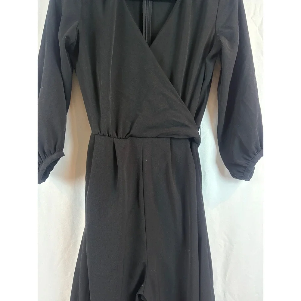 Black Wrap‎ V-Neck Jumpsuit 3/4 Sleeve Wide Leg Belted One-Piece Romper